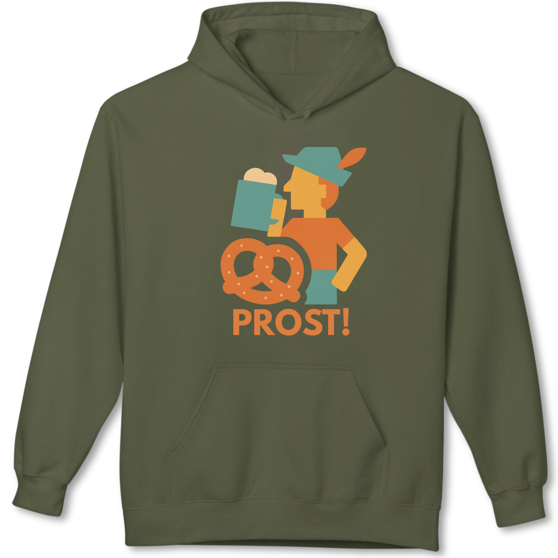 Green hoodie with a graphic of a person holding a pretzel and beer mug, and the word 'PROST!' on a white background.