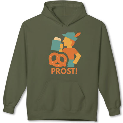 Green hoodie with a graphic of a person holding a pretzel and beer mug, and the word 'PROST!' on a white background.