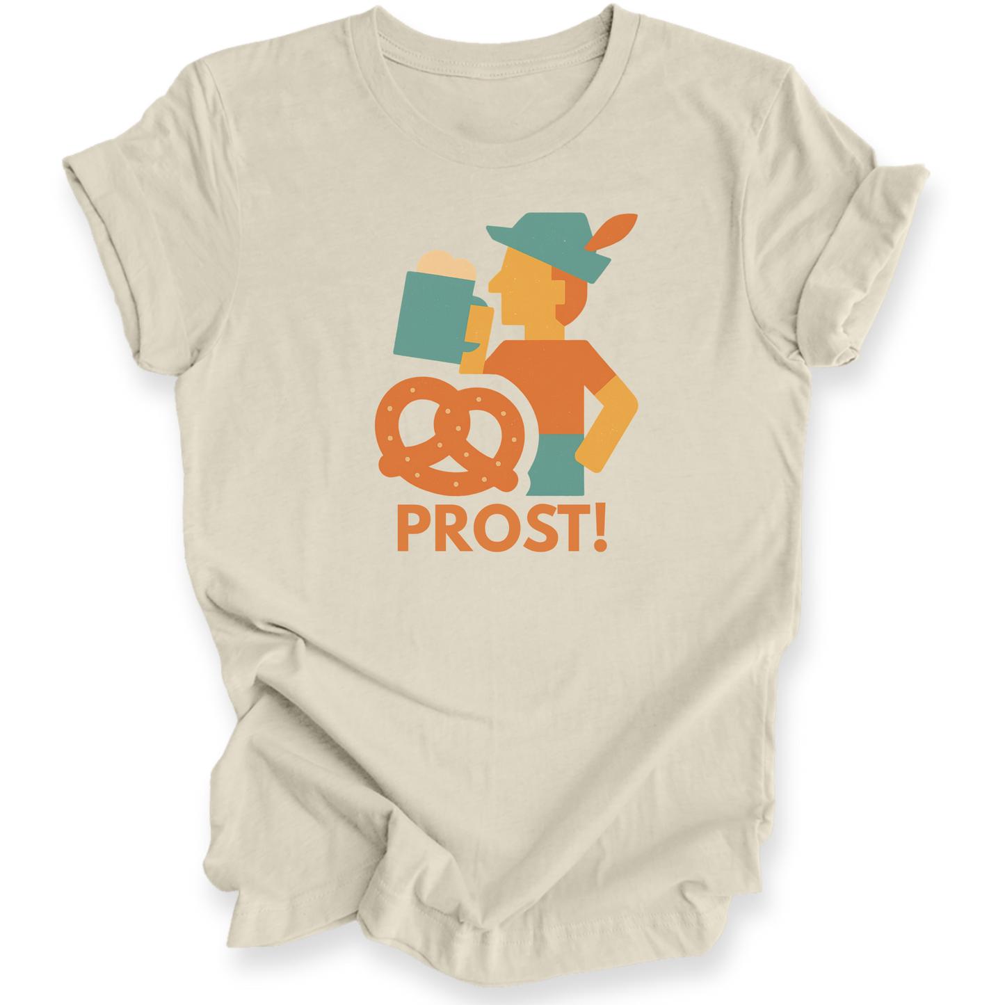 Beige t-shirt with a graphic design of a person holding a pretzel and the word 'PROST!' on a white background.