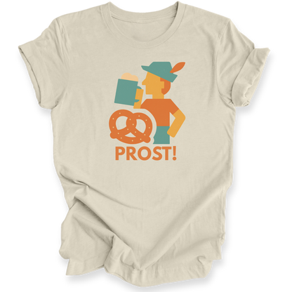 Beige t-shirt with a graphic design of a person holding a pretzel and the word 'PROST!' on a white background.