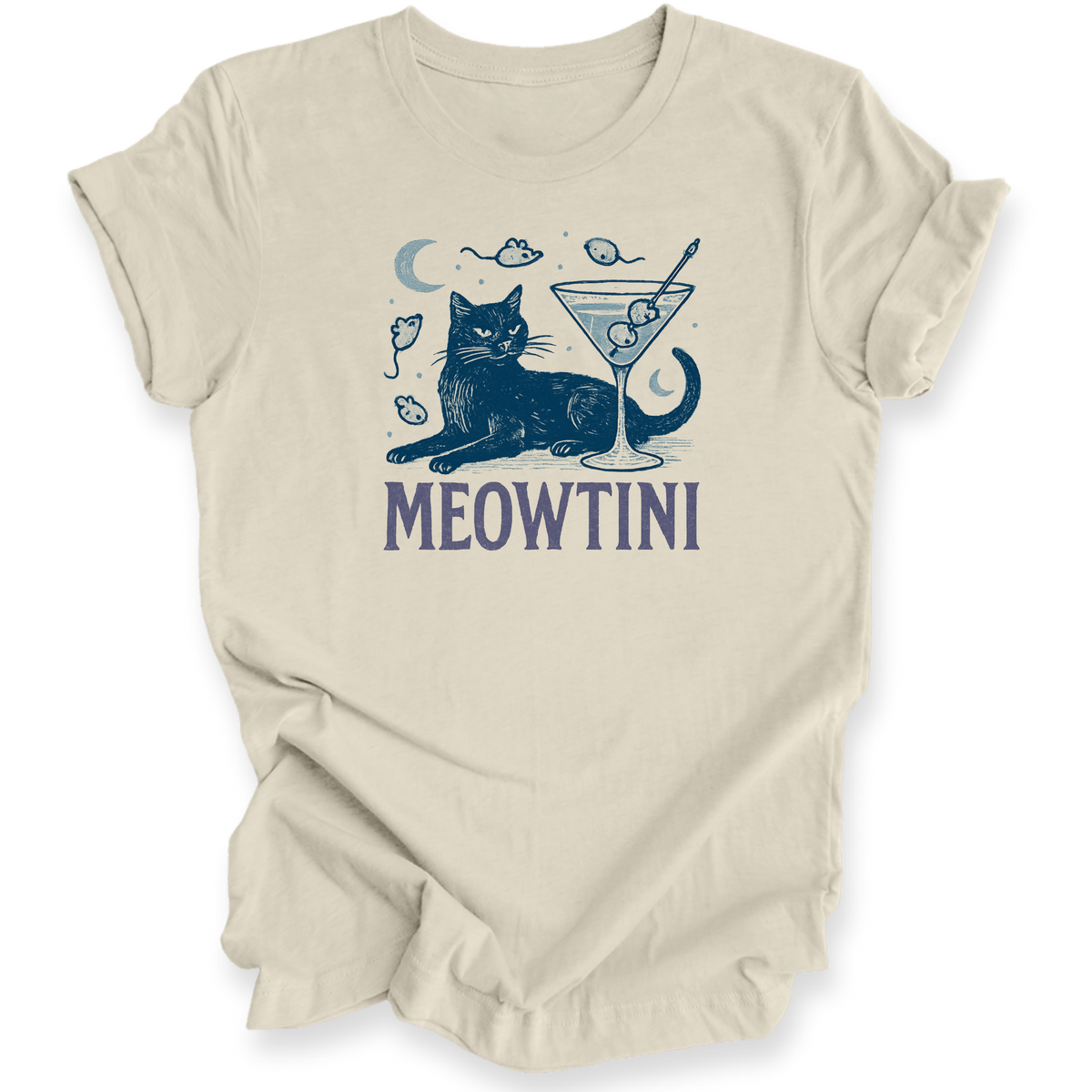 Beige t-shirt with a cat and martini graphic and 'MEOWTINI' text on a white background