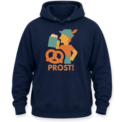 A navy blue pullover hoodie featuring a colorful graphic of a stylized figure drinking beer, with a pretzel and the word 'PROST!' printed on the chest, shown against a plain white background.