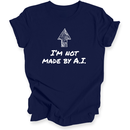 A navy blue short-sleeve t-shirt with a black graphic print featuring an arrow and the text 'I'M NOT MADE BY A.I.