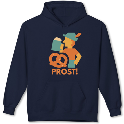 Navy blue hoodie with a graphic of a person holding a beer mug and pretzel, and the word 'PROST!' on a white background.