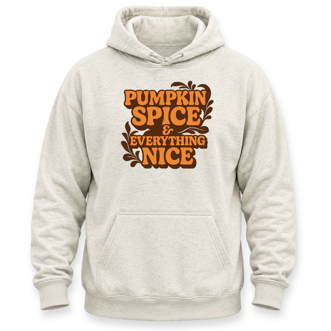 A light beige heathered pullover hoodie with a front kangaroo pocket and a graphic print on the chest that reads 'PUMPKIN SPICE & EVERYTHING NICE' in orange lettering with brown leaf accents, shown on a plain white background.