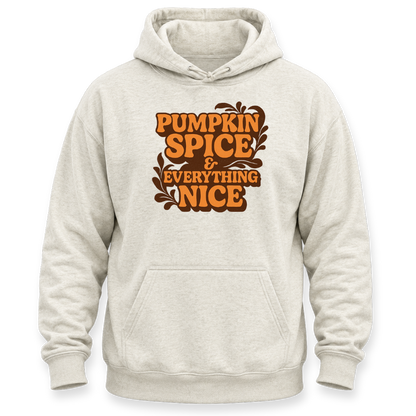 A light beige heathered pullover hoodie with a front kangaroo pocket and a graphic print on the chest that reads 'PUMPKIN SPICE & EVERYTHING NICE' in orange lettering with brown leaf accents, shown on a plain white background.