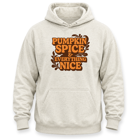 A light beige heathered pullover hoodie with a front kangaroo pocket and a graphic print on the chest that reads 'PUMPKIN SPICE & EVERYTHING NICE' in orange lettering with brown leaf accents, shown on a plain white background.