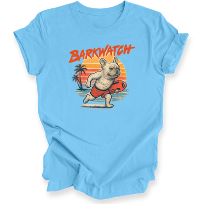 Light blue t-shirt with a graphic of a dog on a surfboard and 'Barkwatch' text.