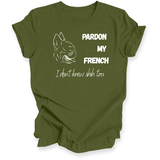Green t-shirt with white text and dog illustration on a white background