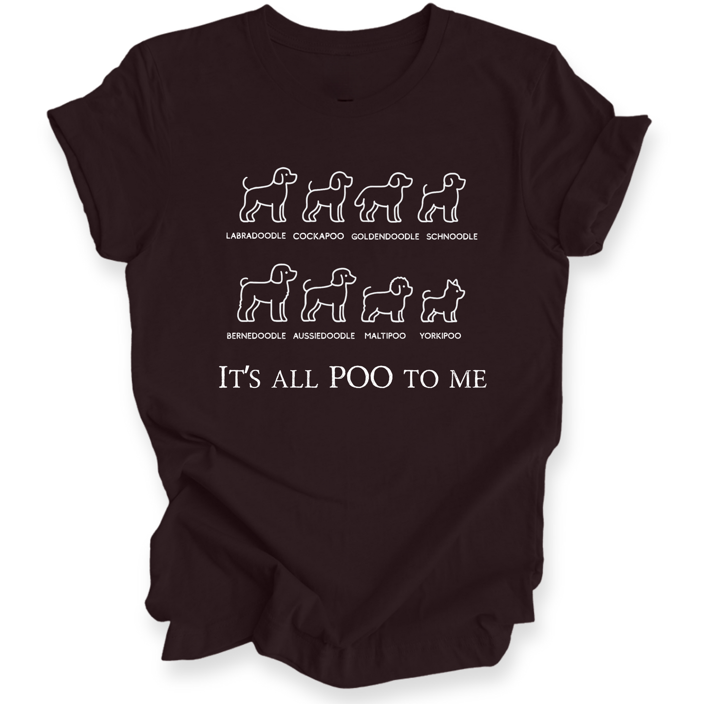 Black t-shirt with white dog illustrations and text on a white background