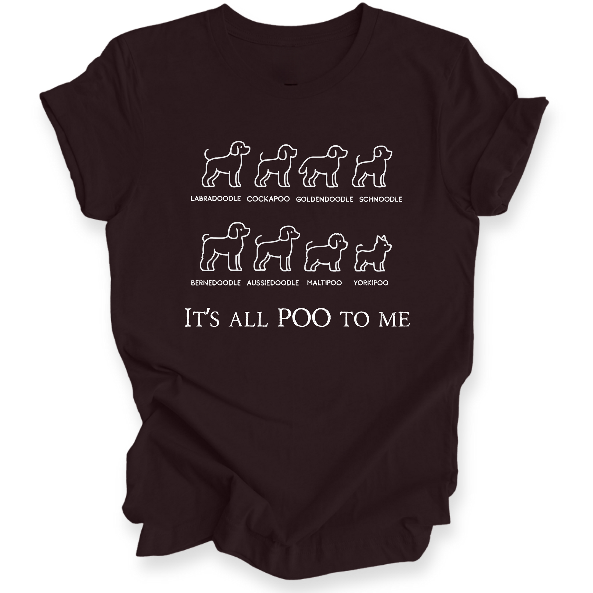Black t-shirt with white dog illustrations and text on a white background