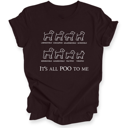 Black t-shirt with white dog illustrations and text on a white background