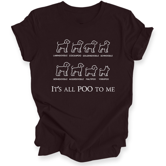 Black t-shirt with white dog illustrations and text on a white background
