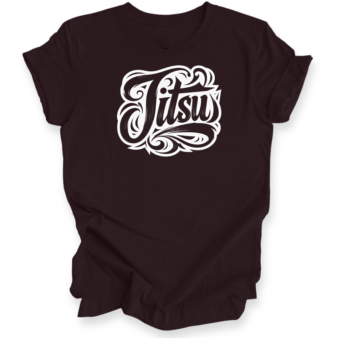 A dark brown short-sleeve t-shirt with a white stylized graphic reading 'Jitsu' on the chest, shown against a plain white background.
