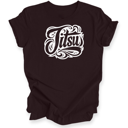 A dark brown short-sleeve t-shirt with a white stylized graphic reading 'Jitsu' on the chest, shown against a plain white background.