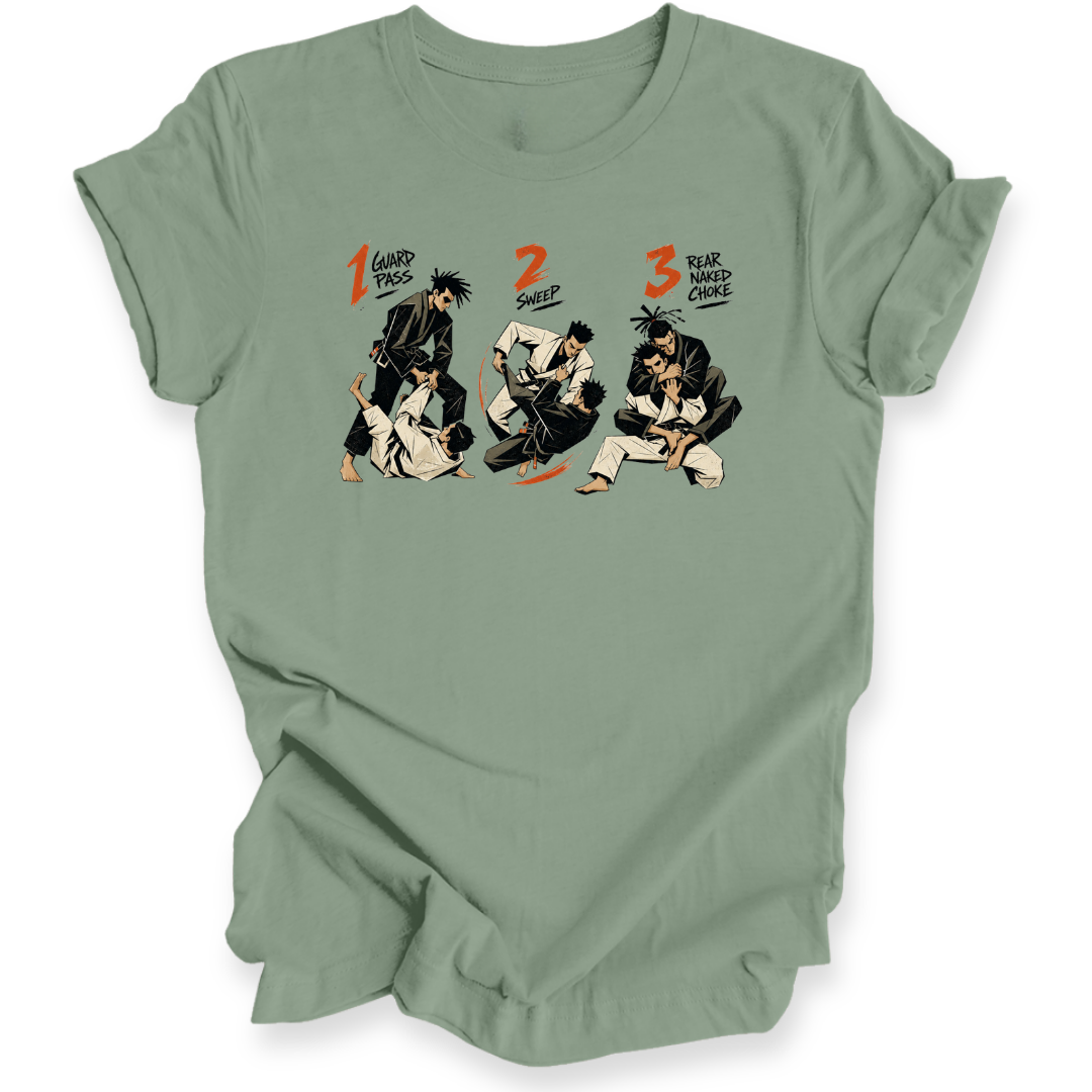 A sage green short-sleeve crewneck t-shirt featuring a graphic print of three martial arts figures in a sequence, labeled '1 Guard Pass', '2 SWEEP', and '3 REAR NAKED CHOKE' in orange and black text.