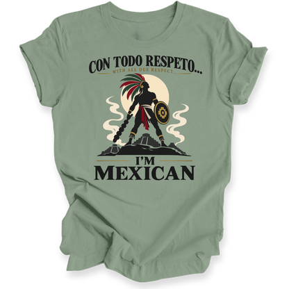 A sage green short-sleeve t-shirt with a graphic print of a Mexican warrior silhouette, a full moon, and the text 'CON TODO RESPETO.