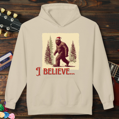 Beige hoodie with a graphic of a Santa Claus-like creature and 'I Believe' text on a wooden background.
