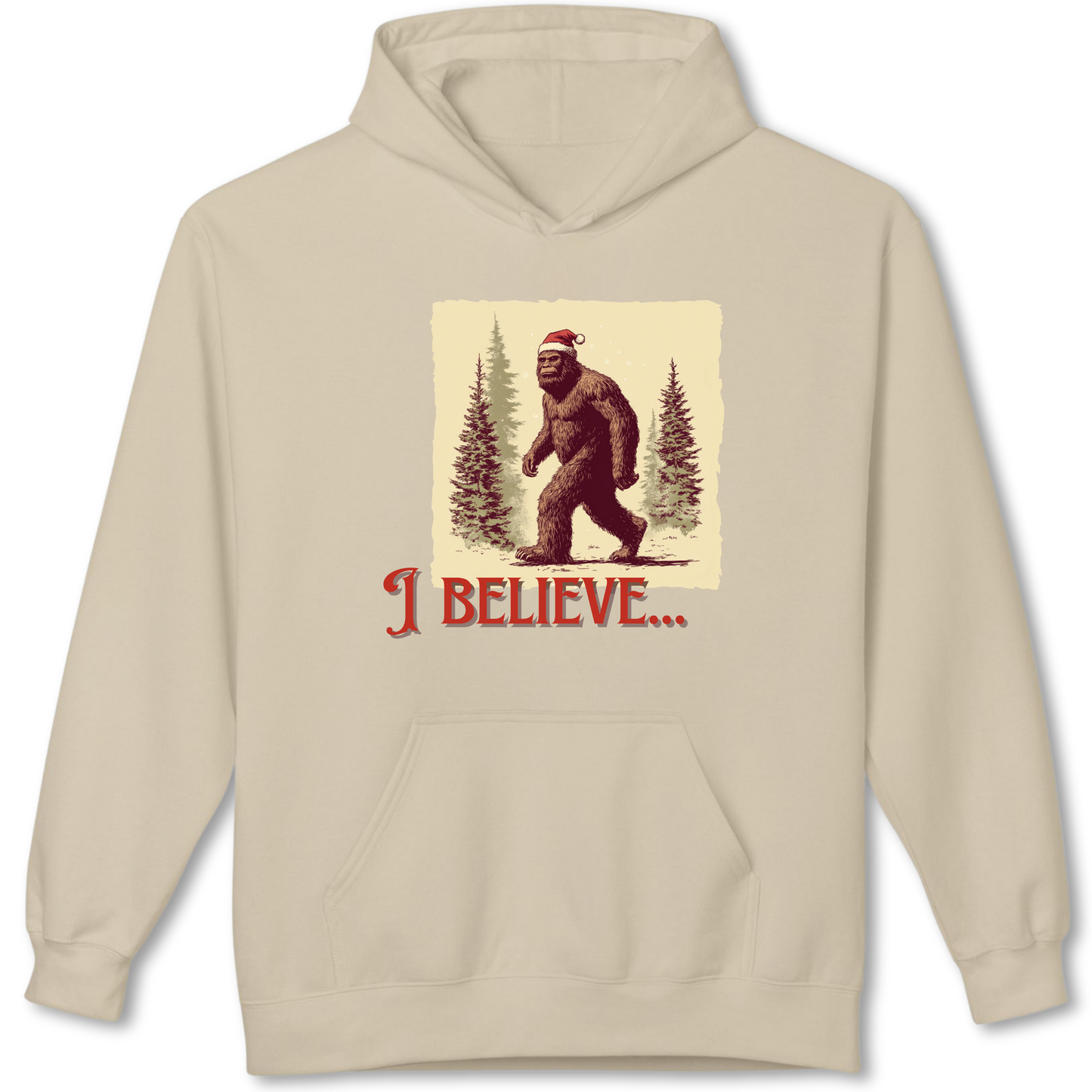 Beige hoodie with a graphic of a Santa Claus bigfoot and 'I Believe' text on a white background