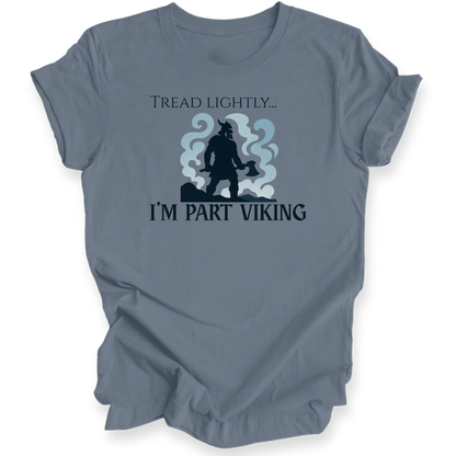 Steel blue t-shirt with a Viking graphic and text on a white background
