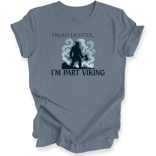 Steel blue t-shirt with a Viking graphic and text on a white background