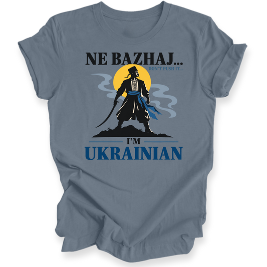 A slate blue crewneck t-shirt with a graphic print featuring a samurai silhouette, a yellow sun, and the text 'NE BAZHAJ.
