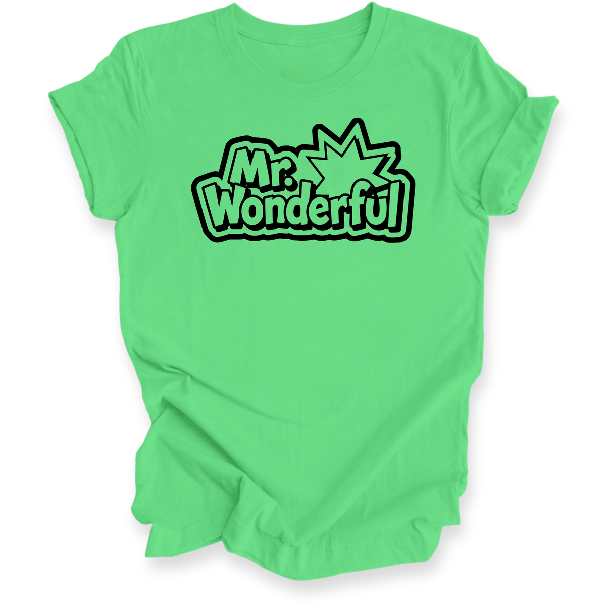 A bright green short-sleeve t-shirt with a black and green comic-style graphic on the chest that reads 'Mr. Wonderful' with a comic book style burst outline.
