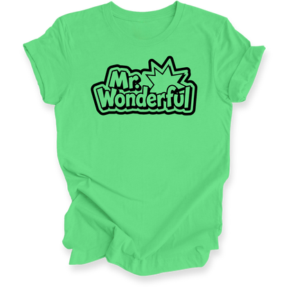 A bright green short-sleeve t-shirt with a black and green comic-style graphic on the chest that reads 'Mr. Wonderful' with a comic book style burst outline.