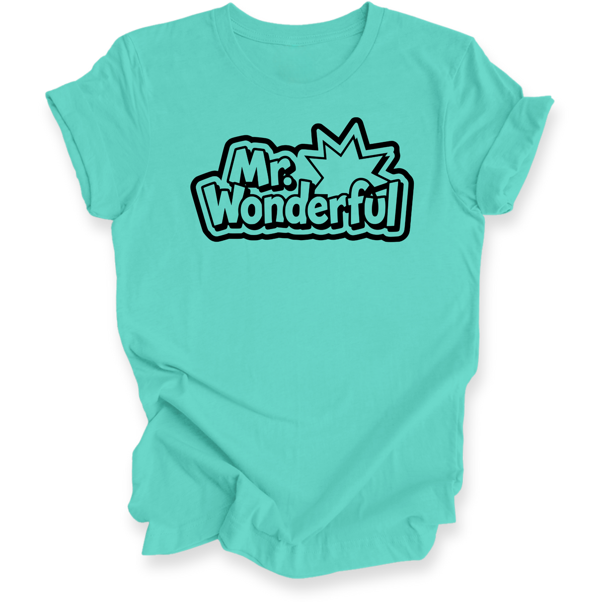A turquoise short-sleeve t-shirt with a black and white comic-style graphic reading 'Mr. Wonderful' on the chest, shown against a plain white background.