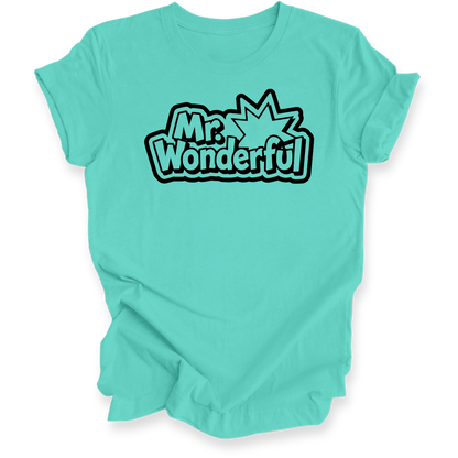A turquoise short-sleeve t-shirt with a black and white comic-style graphic reading 'Mr. Wonderful' on the chest, shown against a plain white background.