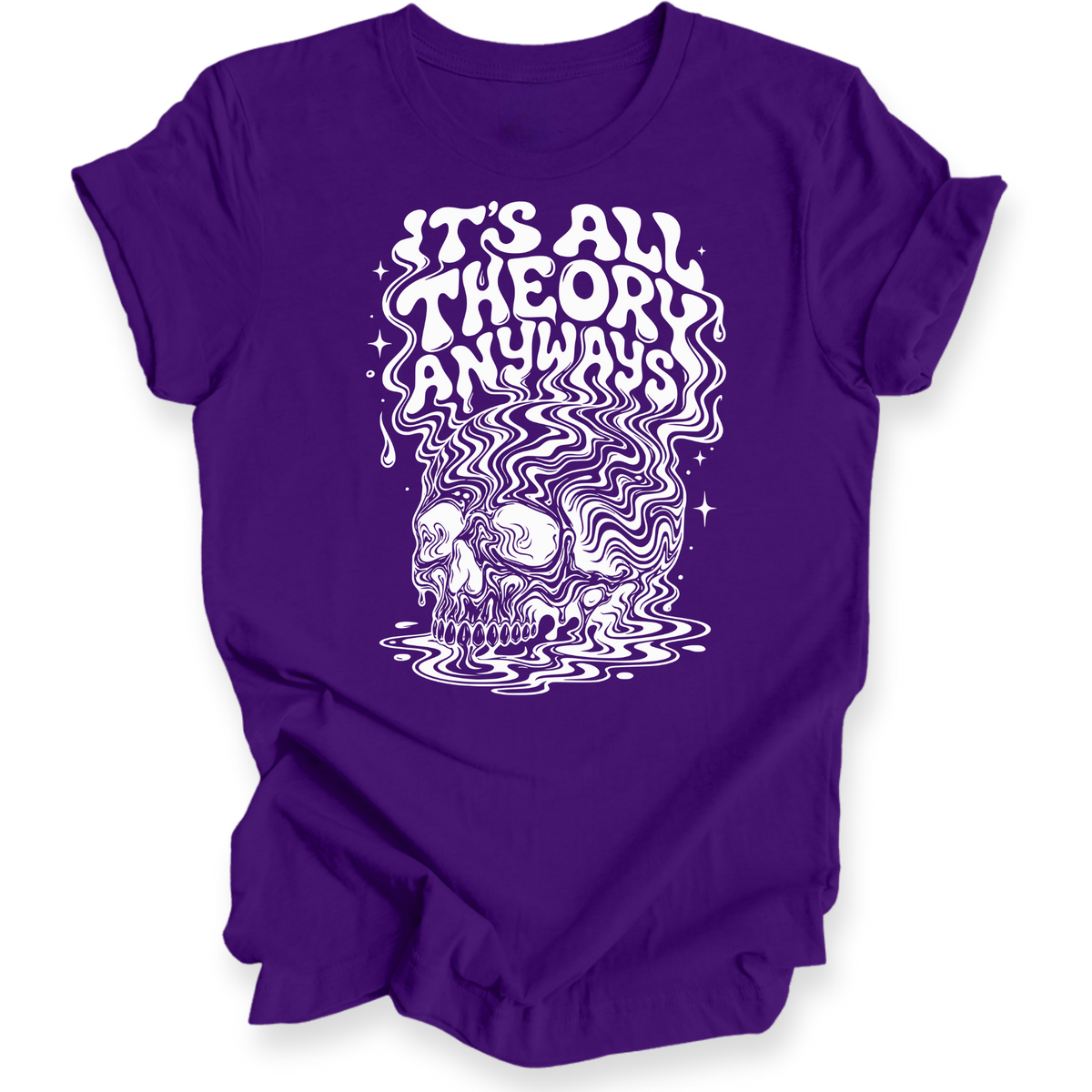 A purple short-sleeve t-shirt with a white graphic print on the front. The graphic features the text 'IT'S ALL THEORY ANYWAYS' in a stylized font above a psychedelic skull illustration.