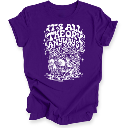 A purple short-sleeve t-shirt with a white graphic print on the front. The graphic features the text 'IT'S ALL THEORY ANYWAYS' in a stylized font above a psychedelic skull illustration.