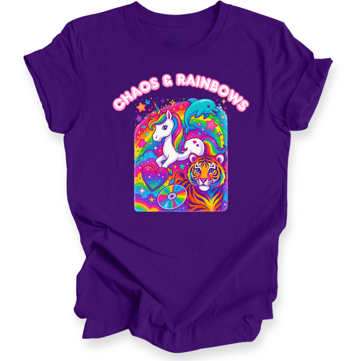 Purple t-shirt with a colorful graphic and 'Chaos & Rainbows' text on a white background
