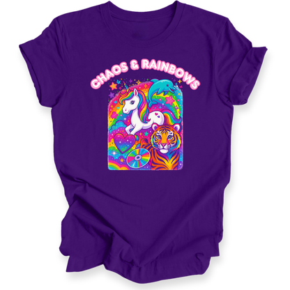 Purple t-shirt with a colorful graphic and 'Chaos & Rainbows' text on a white background