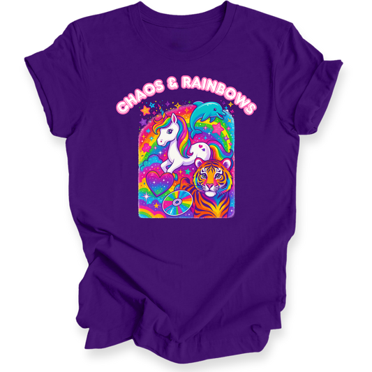 Purple t-shirt with a colorful graphic and 'Chaos & Rainbows' text on a white background
