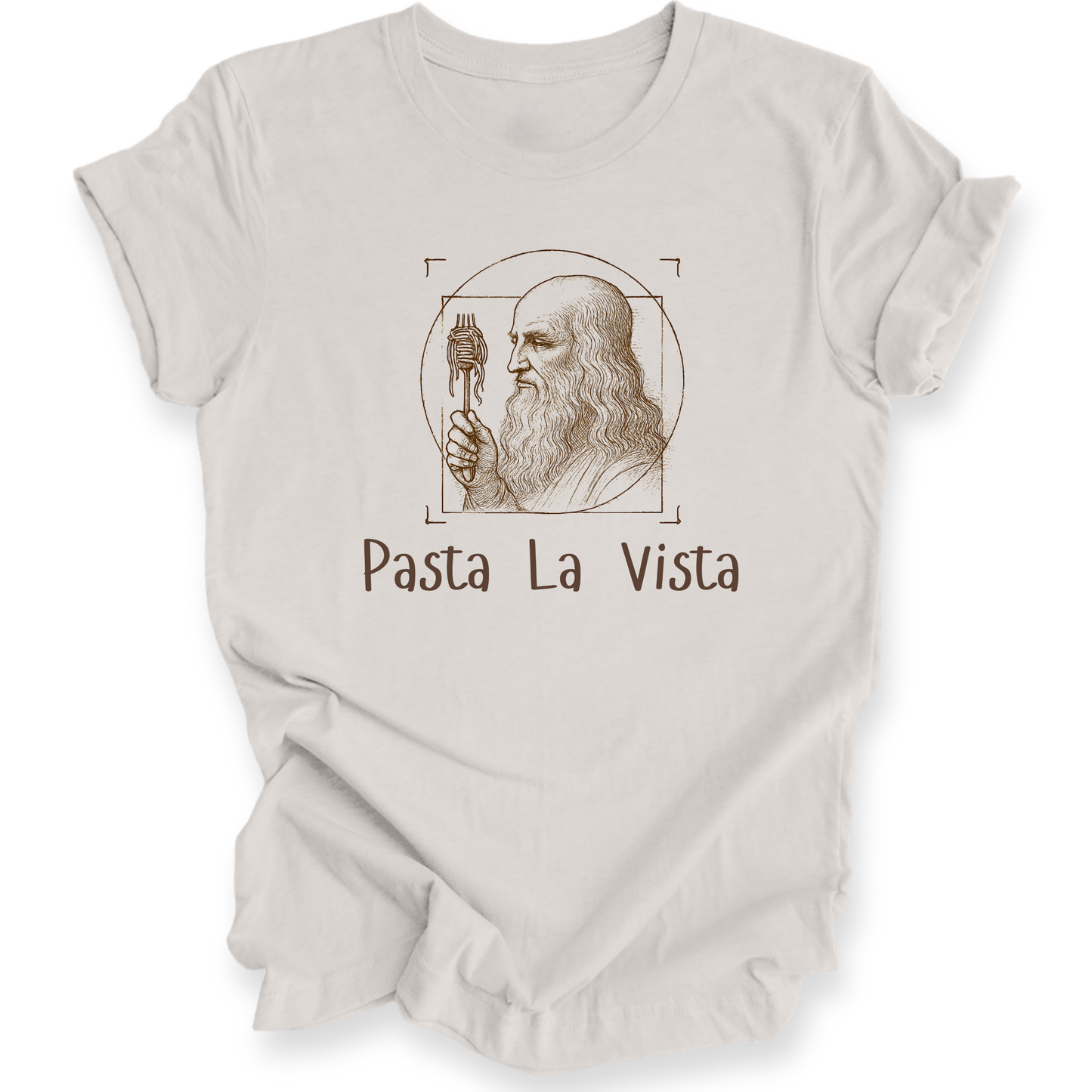 White t-shirt with 'Pasta La Vista' graphic design featuring a classical portrait.