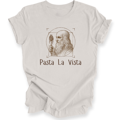 White t-shirt with 'Pasta La Vista' graphic design featuring a classical portrait.