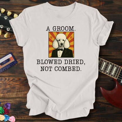 White t-shirt with a graphic of a dog in a suit and text on a wooden surface with a guitar and cassette tape.