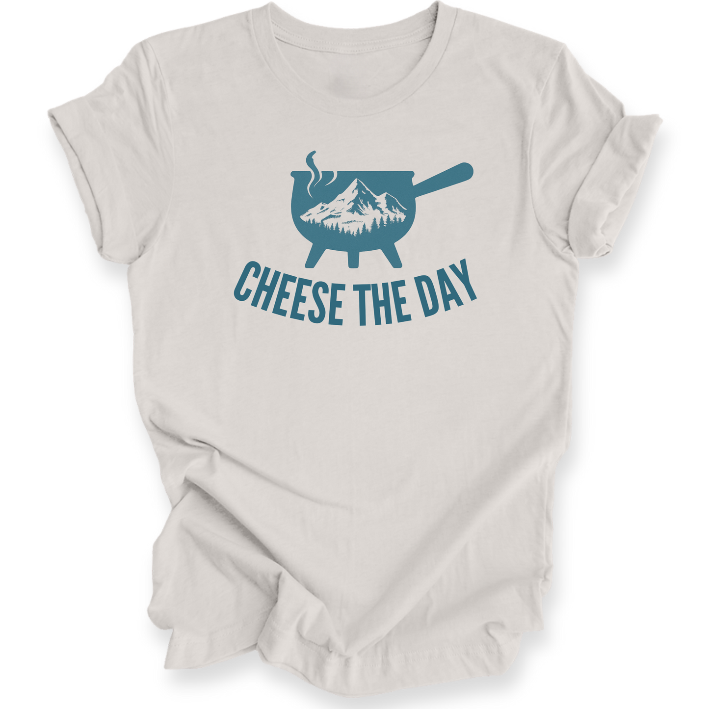 Beige t-shirt with blue graphic and 'Cheese the Day' text on a white background