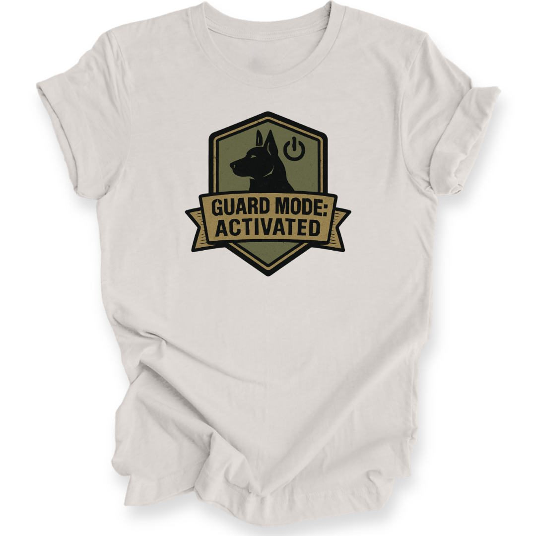 White t-shirt with a graphic design featuring a dog and text 'Guard Mode: Activated' on a white background