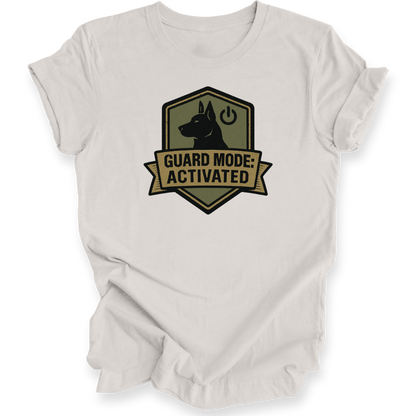 White t-shirt with a graphic design featuring a dog and text 'Guard Mode: Activated' on a white background