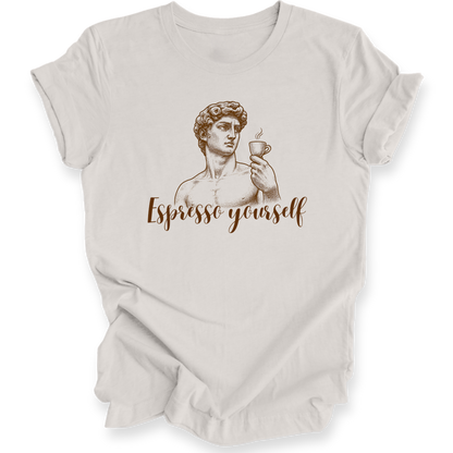 Beige t-shirt with a graphic of a classical statue holding a cup and the text 'Espresso yourself' on a white background.