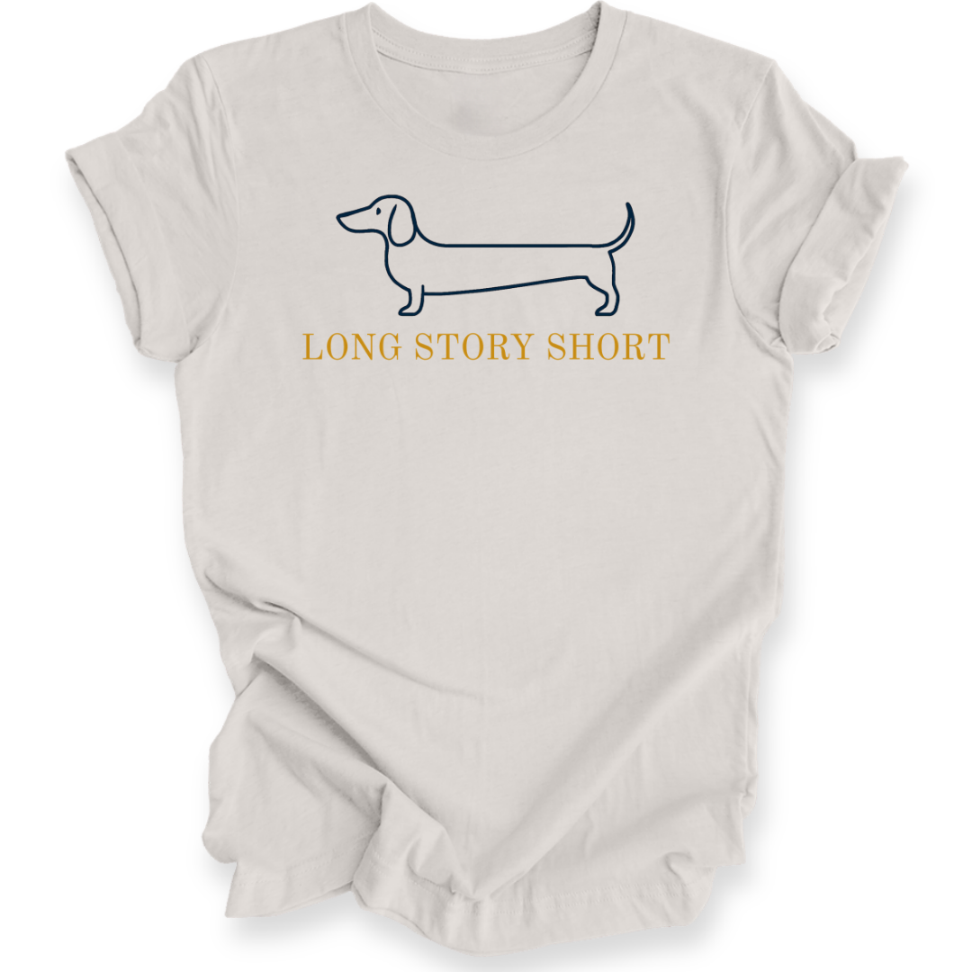 Beige t-shirt with a dachshund graphic and 'Long Story Short' text on a white background