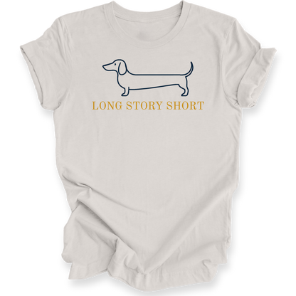 Beige t-shirt with a dachshund graphic and 'Long Story Short' text on a white background