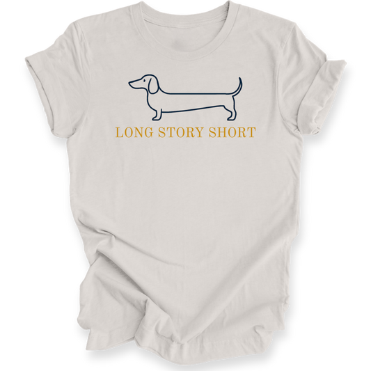Beige t-shirt with a dachshund graphic and 'Long Story Short' text on a white background
