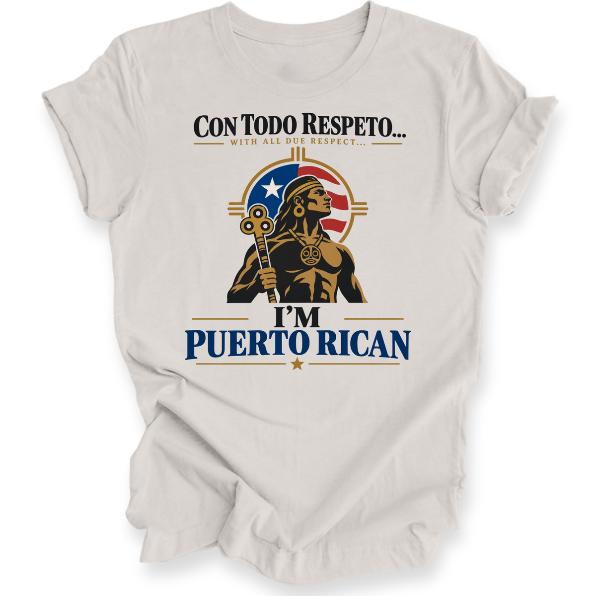A light beige crewneck t-shirt with a graphic print of a muscular figure holding a key, surrounded by a circular Puerto Rican flag motif. The text reads 'CON TODO RESPETO.