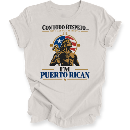 A light beige crewneck t-shirt with a graphic print of a muscular figure holding a key, surrounded by a circular Puerto Rican flag motif. The text reads 'CON TODO RESPETO.