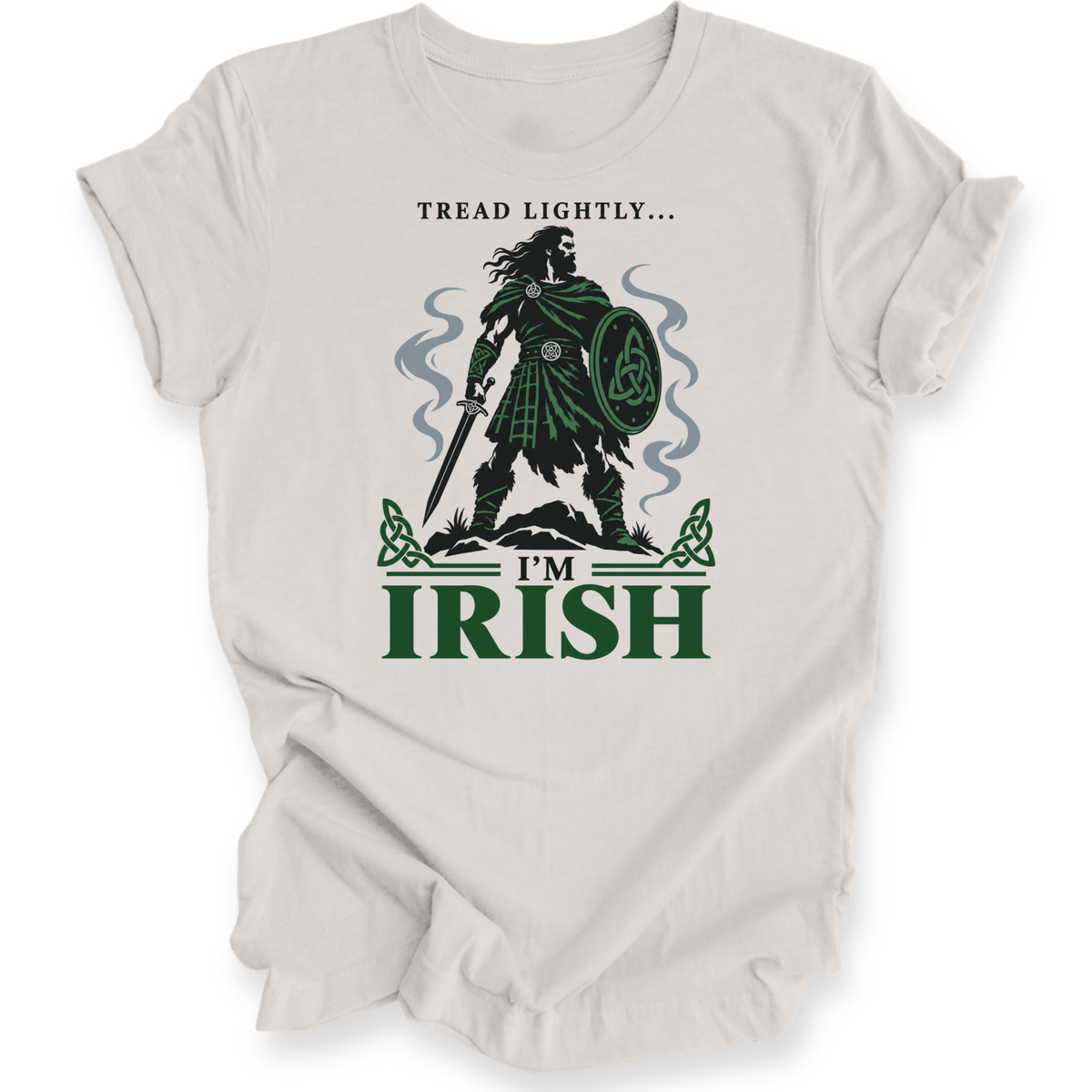 A vintage white crewneck t-shirt with a graphic print of a Irish tartan warrior holding a shield and sword, accompanied by the text 'Tread lightly I'm Irish".