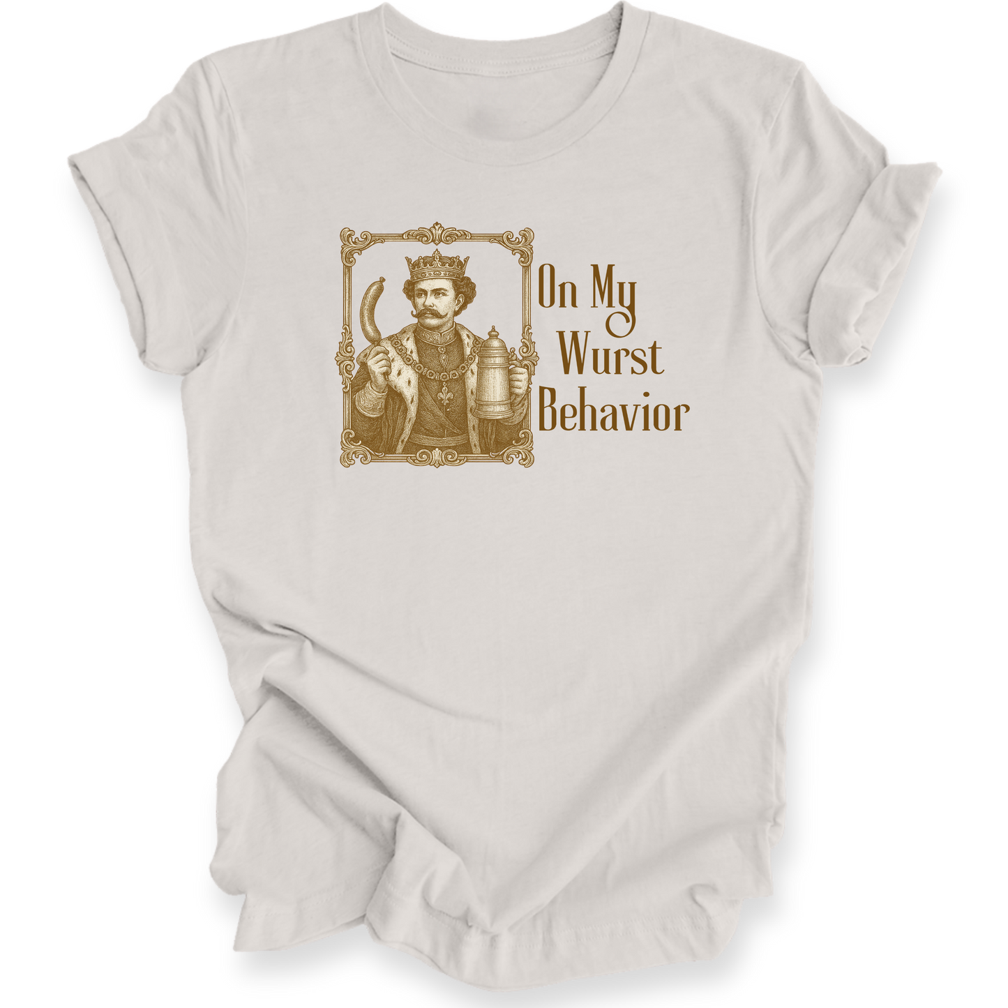 White t-shirt with a graphic design and text 'On My Wurst Behavior' on a white background