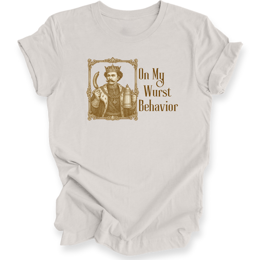 White t-shirt with a graphic design and text 'On My Wurst Behavior' on a white background